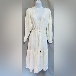 Joie Womens Linen Blend V‎ Neck Long Sleeves A Line Sun Dress White Size Large